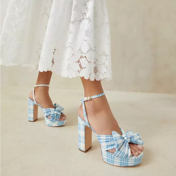Loeffler Randall Shoes - New! $450 Loeffler Randall Natalia Blue Plaid Platform Bow Heels white sandals